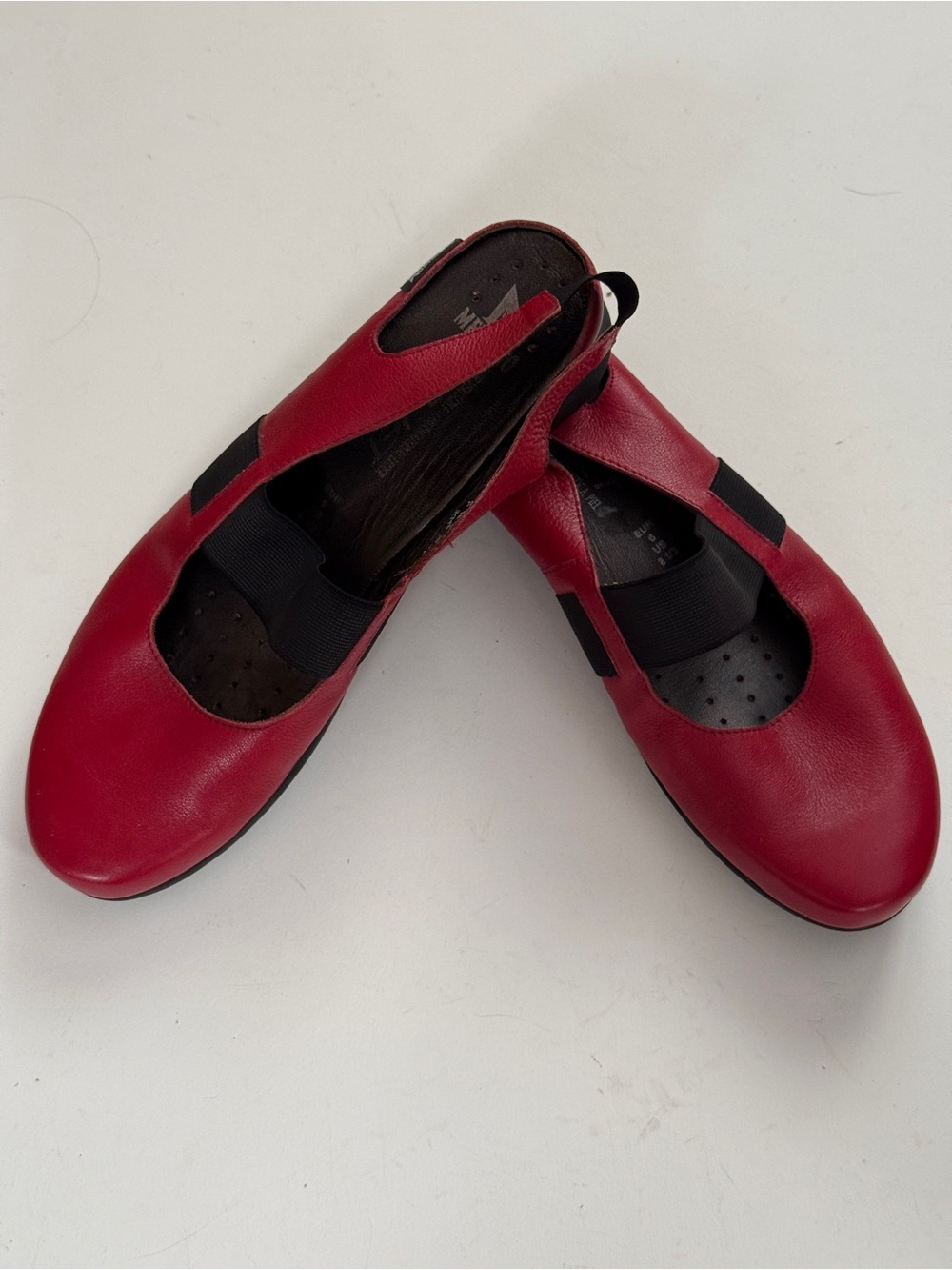 Mephisto Red Leather Mary Jane Flats with Black Elastic